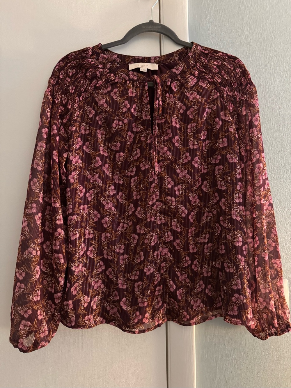 LOFT Burgundy Floral Metallic Stripe Tie-Neck Blouse with Pink Accents